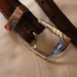 34 BRIGHTON Leather brown silver GOLF CLUBS woven belt LARGE